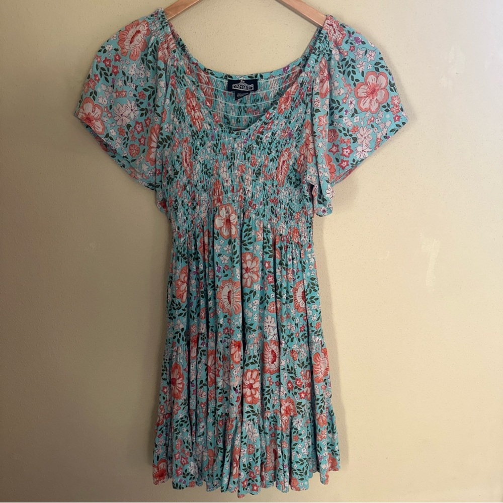 Blue Floral Smocked Short Sleeve Dress